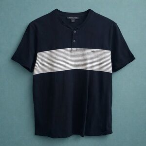 Michael Kors Black & White Striped Henley Tee | Size L
